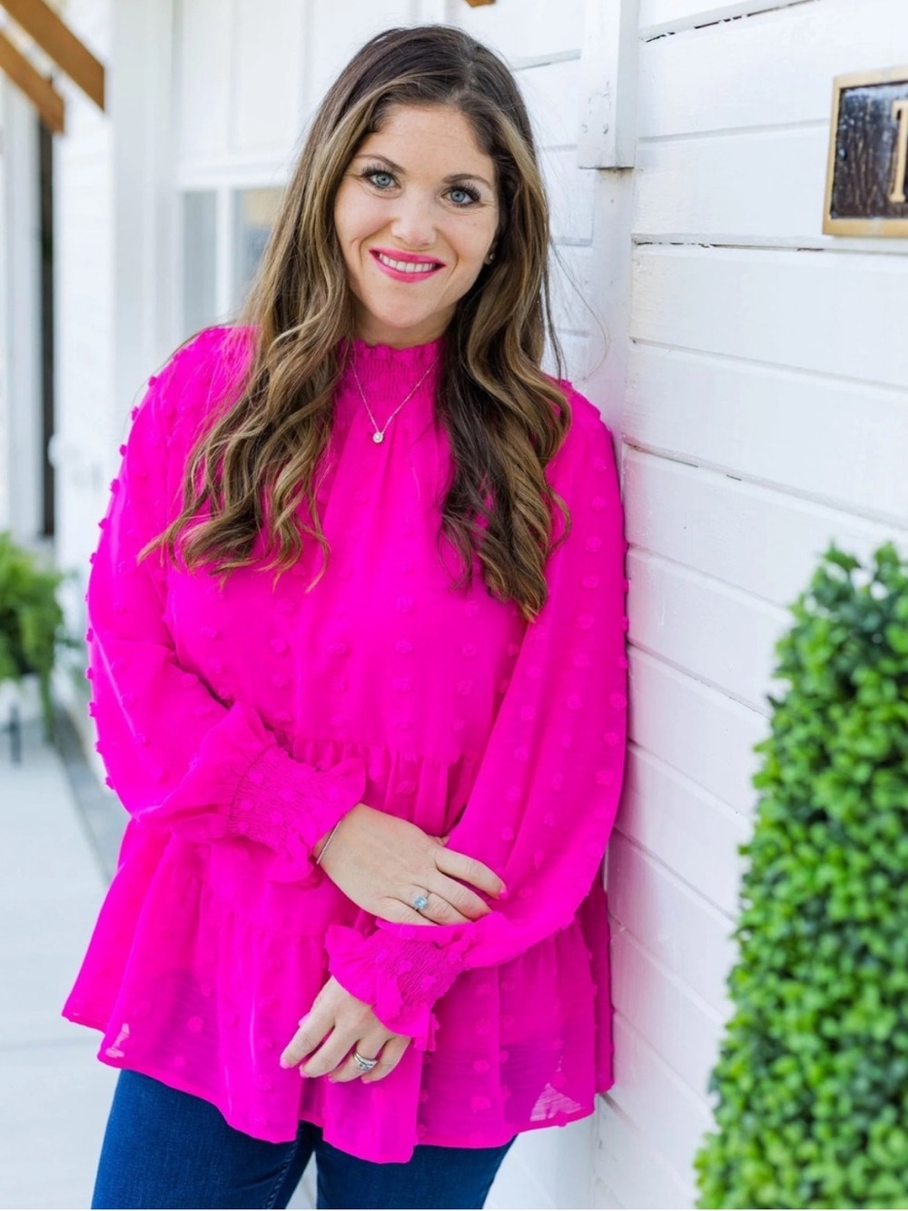 Jodifl Hot Pink Swiss Dot Tiered Blouse Size S Smocked Ruffle Boho Top
